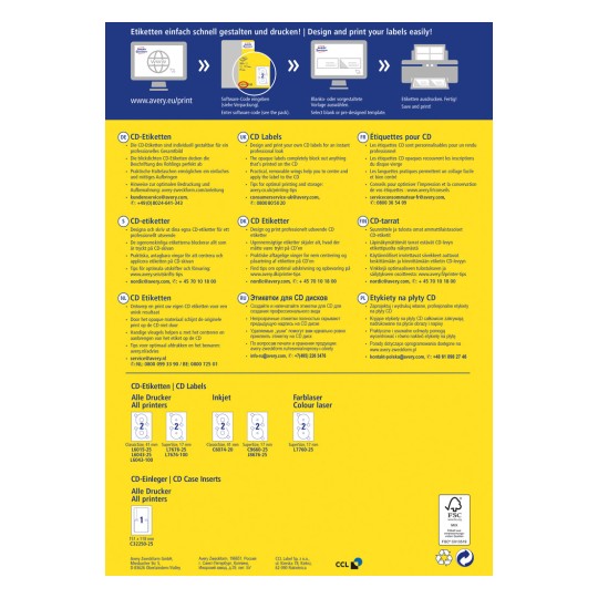 Billedet er en informationsguide om oprettelse og printning af CD-etiketter. Den indeholder instruktioner på flere sprog, tips til brug samt produktkoder for forskellige etiketter. Designet er lyst og inkluderer grafik for lettere forståelse.