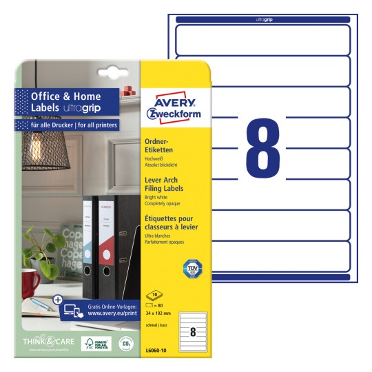 Æskebillede med etiketark: Avery Zweckform Mappetiketter, hjemmekontor, lille pakke, artikel: L6060-10, format: 34 x 192 mm, printkompatibilitet: Inkjet, Laser s/h, Farvelaser, indhold: 80 etiketter / 10 ark, 8 etiketter/ark.