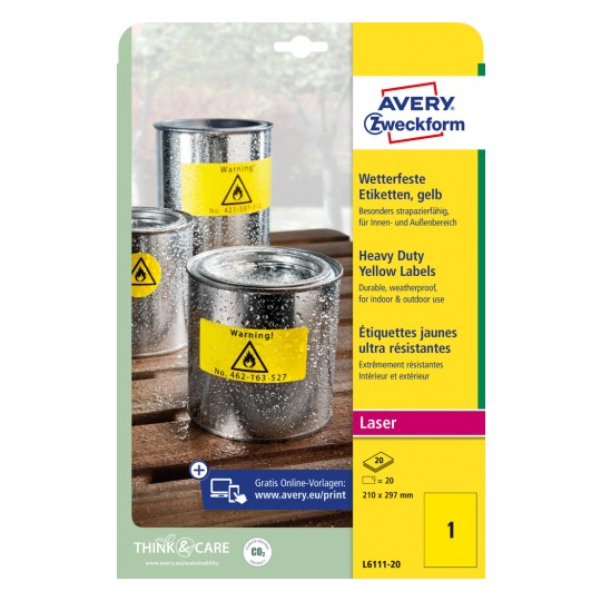 Pakkens billede: Avery Zweckform Vejrbestandige folie-etiketter til laserskriver, Artikel: L6111-20, Format: 210 x 297 mm, Printertilpasning: Laser s/h, Indhold: 20 etiketter / 20 ark, 1 etiket/ark.