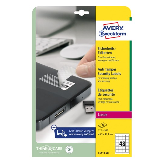 Pakkeillustration: Avery Zweckform sikkerhedsetiketter, Artikel: L6113-20, Format: 45,7 x 21,2 mm, Printeregnethed: Laser s/h, Farvelaser, Indhold: 960 etiketter / 20 ark, 48 etiketter/ark.