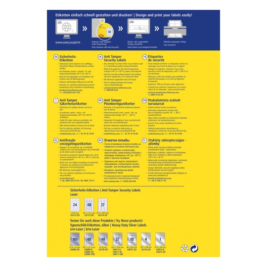 Billedet er en produktbrochure for Anti Manipulationssikkerhedsmærkater, der beskriver deres funktioner, materialespecifikationer, anvendelsesinstruktioner og tilgængelige størrelser på flere sprog. Den inkluderer kontaktoplysninger og forslag til anvendelse.