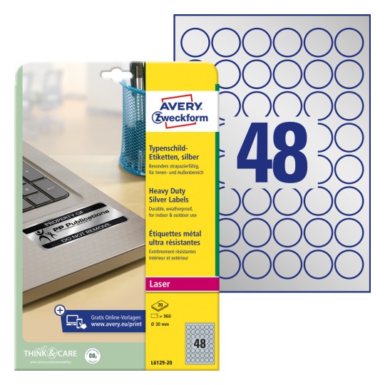 Etiketblad med etiketark: Avery Zweckform typeskiltetiketter, artikel: L6129-20, format: ⌀ 30 mm, printeregnede: Laser sort/hvid, indhold: 960 etiketter / 20 ark, 48 etiketter/ark.