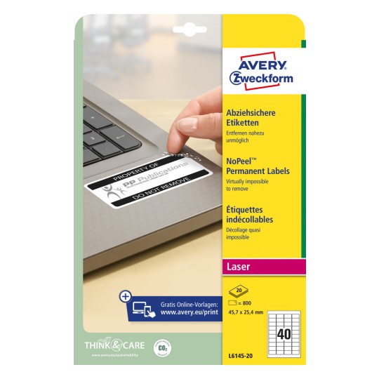 Pakningsbillede: Avery Zweckform Sikkerhedslabels, Artikel: L6145-20, Format: 45,7 x 25,4 mm, Printeregnet: Laser sort/hvid, Indhold: 800 etiketter / 20 ark, 40 etiketter/ark.