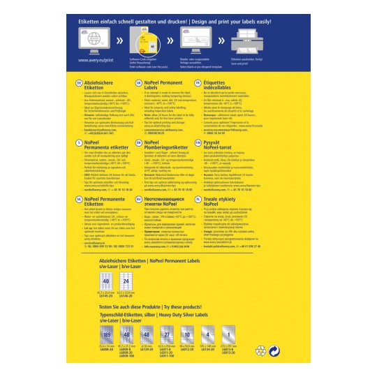 Billedet er en reklamegrafik for NoPeel permanente etiketter fra Avery, der beskriver produktspecifikationer og etiketdesigns. Det indeholder information på flere sprog, tips til optimal udskrivning og retningslinjer for etiketpåføring.