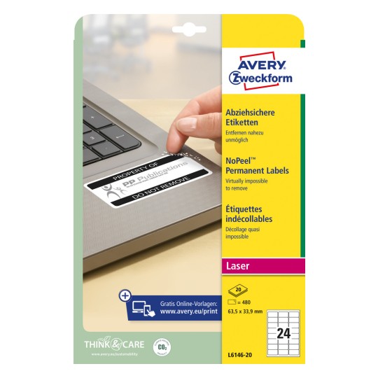 Pakkeillustration: Avery Zweckform Sikre etiketter, Artikel: L6146-20, Format: 63,5 x 33,9 mm, Udskrivningsegnet: Laser s/h, Indhold: 480 etiketter / 20 ark, 24 etiketter/ark.