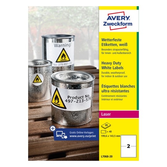 Pakkeillustration: Avery Zweckform vejrbestandige folieetiketter til laserprintere, Artikel: L7068-20, Format: 199,6 x 143,5 mm, Printeregnethed: Laser s/h, farvelaser, Indhold: 40 etiketter / 20 ark, 2 etiketter/ark.