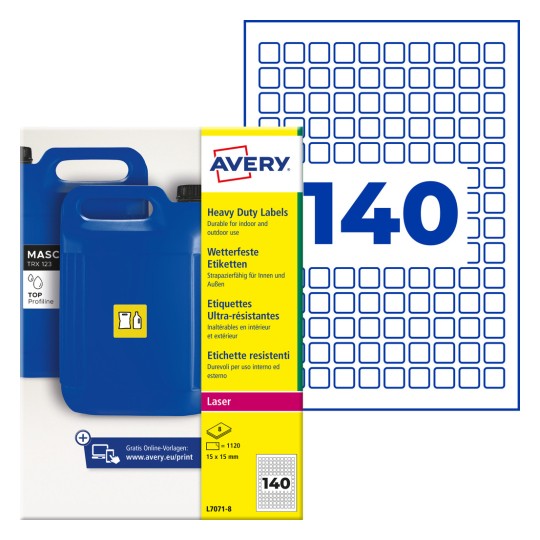 Avery kraftig etiketpakke med billede af en blå dunk og et etiketgitter med "140"?