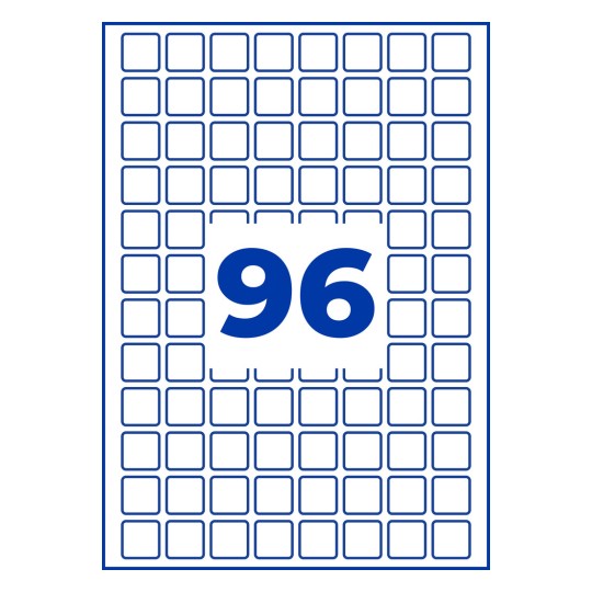 Blåt omridset gitter af små firkanter med stort blåt tal 96 i midten?
