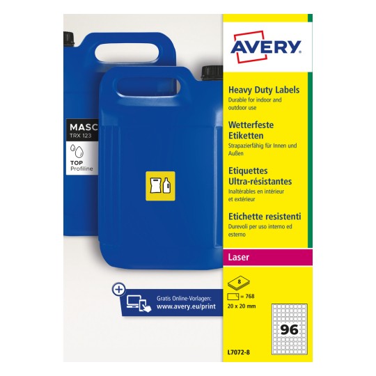 To blå plastikdunke ved siden af et gult produktetiketpanel?
