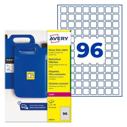 Avery kraftig etiketemballage med blå dunke og grafik med nummer 96?