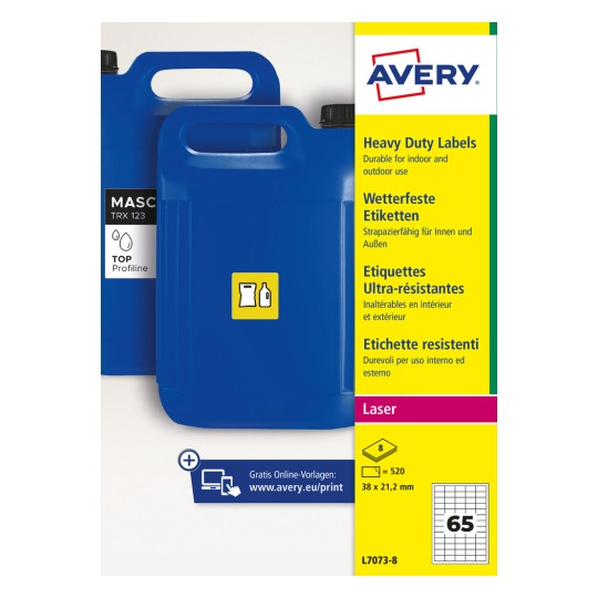 Blå plastikdunke med Avery Heavy Duty-etiketter emballagedesign?