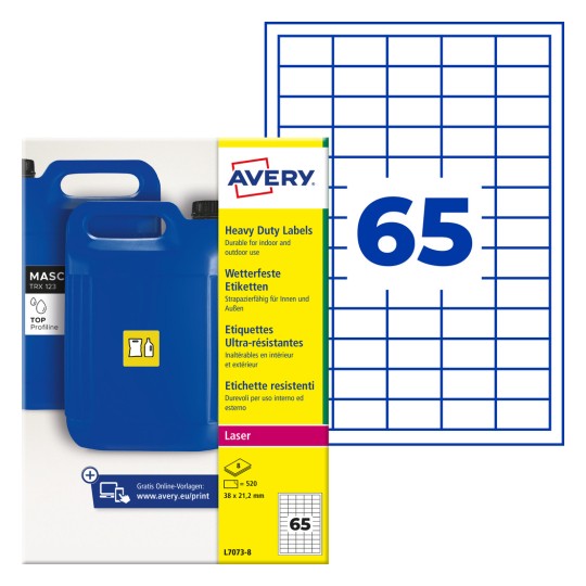 Avery kraftige etiketter emballage med blå dunke og stort nummer 65 gitter?