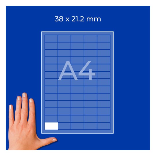 Hånd ved siden af et blåt A4-gitterdiagram mærket 38 x 21,2 mm?