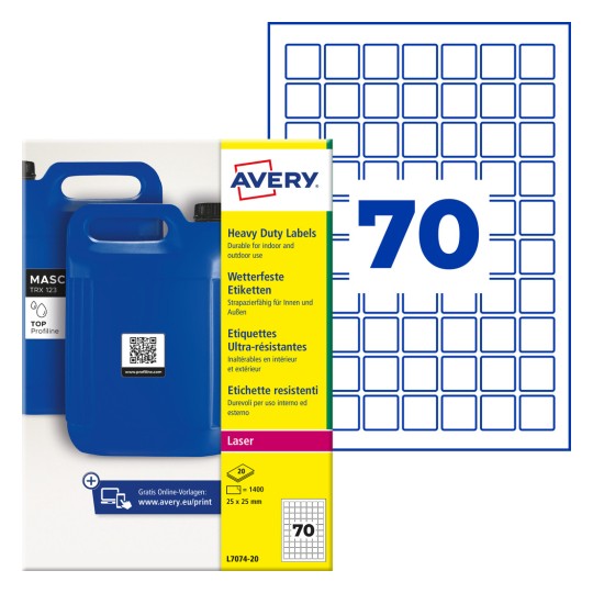 Avery kraftig labelpakke med blå dunke og illustration af et gitter med tallet 70?