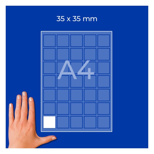 A4-ark med et gitter af 35×35 mm firkanter med én hvid firkant og en hånd nederst til venstre?