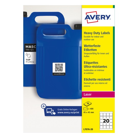 Blå plastikdunke med QR-etiket ved siden af gul Avery-emballage med ekstra slidstærke etiketter?
