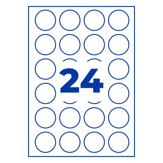 Ark med 24 blåomridsede cirkeletiketter og stort blåt tal 24 i midten?