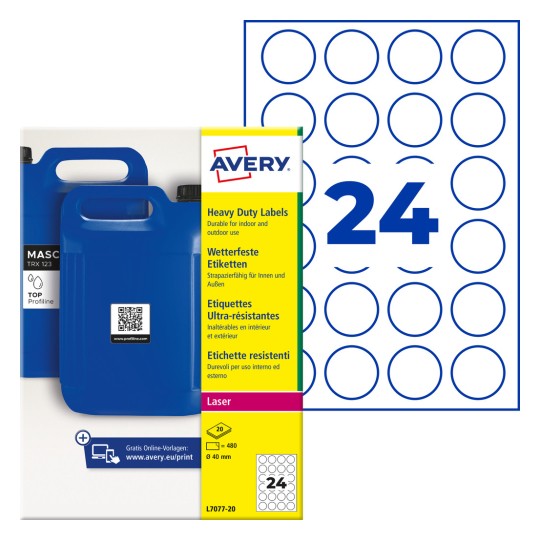 Avery kraftig rund etiketpakke, der viser blå beholdere og et ark med 24 cirkeletiketter?