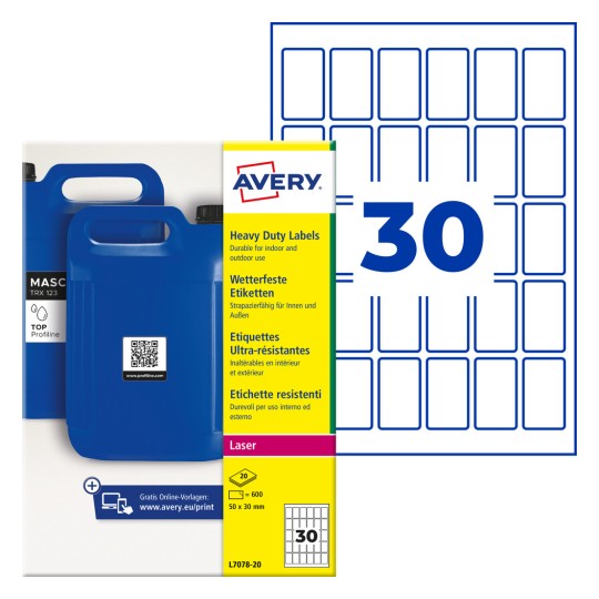 En meget kraftig etiketpakke med blå dunke og det store tal 30?
