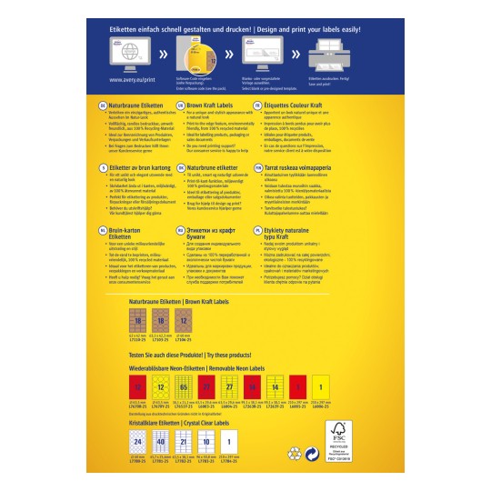 Billedet viser en flersproget annonce for design og print af etiketter, inklusiv detaljer om brune kraftetiketter, deres karakteristika og brug. Det indeholder produktdimensioner, typer af tilgængelige etiketter og oplysninger om salgsfremmende støtte.