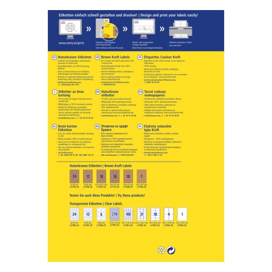 Billedet er en reklamegrafik for Averys etiketprodukter, der indeholder information om Brown Kraft-etiketter på flere sprog. Det inkluderer detaljer om miljøvenlige materialer, designmuligheder og produktspecifikationer. Den visuelle opsætning inkluderer eksempler på forskellige etiketter i forskellige formater og størrelser.