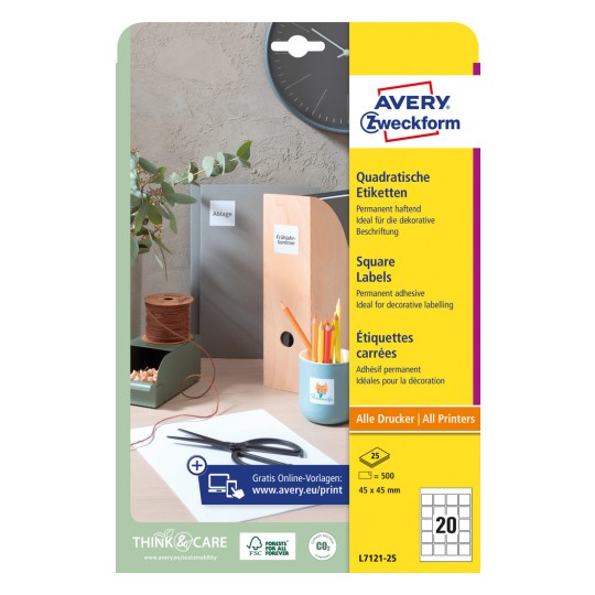 Pakningsbillede: Avery Zweckform Firkantede Etiketter, Artikel: L7121-25, Format: 45 x 45 mm, Printeregnethed: Inkjet, Laser s/h, Farvelaser, Indhold: 500 Etiketter / 25 Ark, 20 Etiketter/Ark.