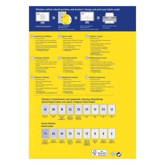 Dette billede indeholder en katalog over etiketdesigns og udskrivningsmuligheder fra Avery, inklusive firkantede, rektangulære, ovale, runde og specialformede etiketter, med flersprogede beskrivelser og udskrivningstips.