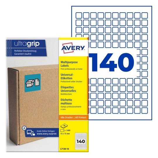 Avery Ultragrip multipurpose etiketpakke, der viser 140 små firkantede etiketter og en papkasse?