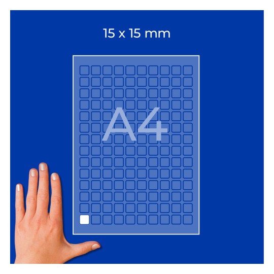 Hånd ved siden af A4-ruteark mærket 15 x 15 mm med mange små firkanter?