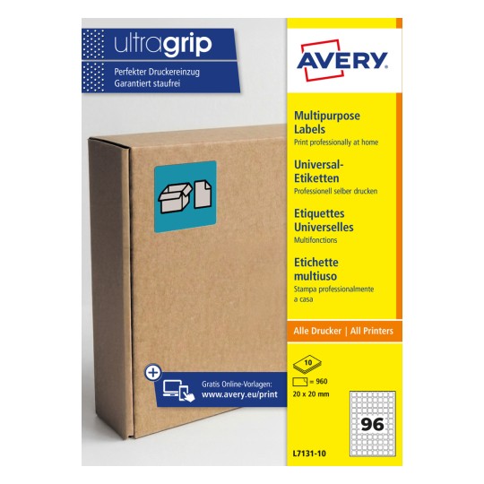 Avery multifunktionel etiketemballage med billede af papkasse og produkttekst?