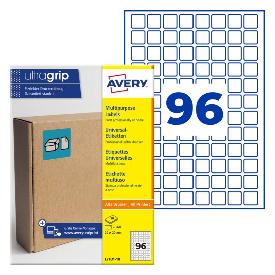 Avery Ultragrip multipurpose etiketpakke, der viser 96 blå firkantede etiketter og emballage?