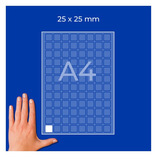 Hånd ved siden af A4-ark med gitter med 25x25 mm felter og ét hvidt felt?