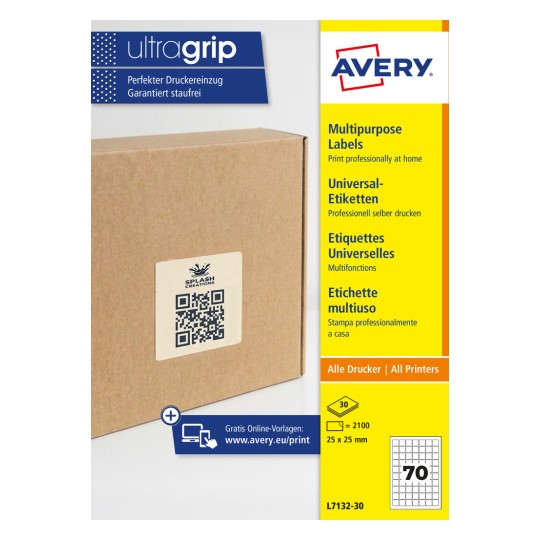 Brun papkasse med en firkantet QR-kode-etiket og en Avery-emballagestrimmel?