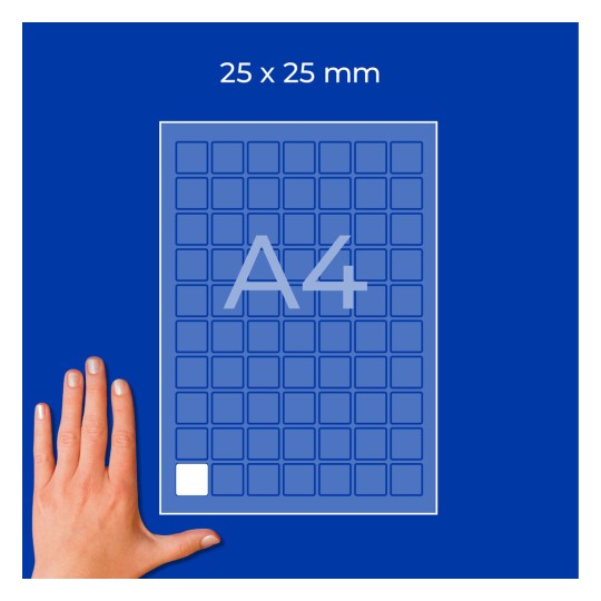 A4-ark med 25x25 mm gitter og en hånd, der viser skala, på blå baggrund?