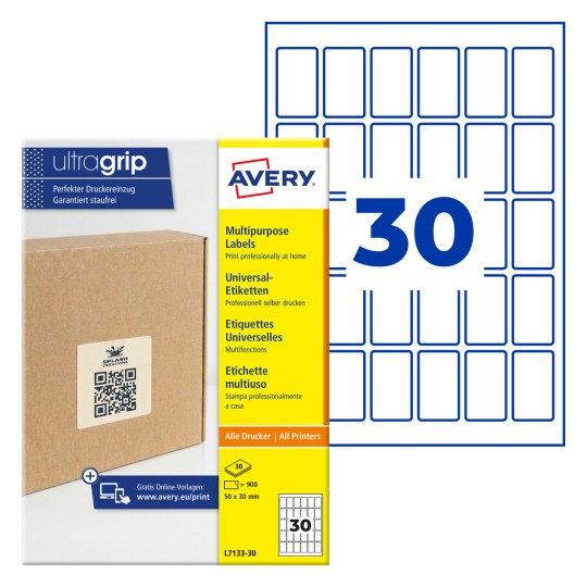 Avery multipurpose etiketpakke, der viser 30 små rektangulære etiketter og emballage?