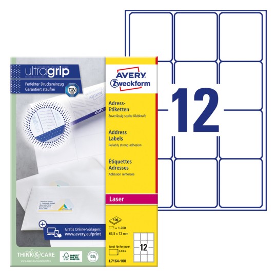 Pakningsbillede med etiketark: Avery Zweckform adresseetiketter, Artikel: L7164-100, Format: 63,5 x 72 mm, Trykegnethed: Laser s/h, farvelaser, Indhold: 1.200 etiketter / 100 ark, 12 etiketter/ark.