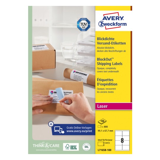 Pakningsbillede: Avery Zweckform Hvide Forsendelsesetiketter, Artikel: L7165B-100, Format: 67,7 x 99,1 mm, Udgave til printer: Laser s/h, Farvelaser, Indhold: 800 etiketter / 100 ark, 8 etiketter/ark