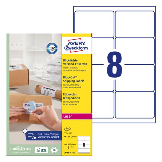 Pakningsbillede med etiketark: Avery Zweckform Forsendelsesetiketter, Artikel: L7165B-100, Format: 67,7 x 99,1 mm, Egnet til printer: Sort/hvid laser, farvelaser, Indhold: 800 etiketter / 100 ark, 8 etiketter/ark.
