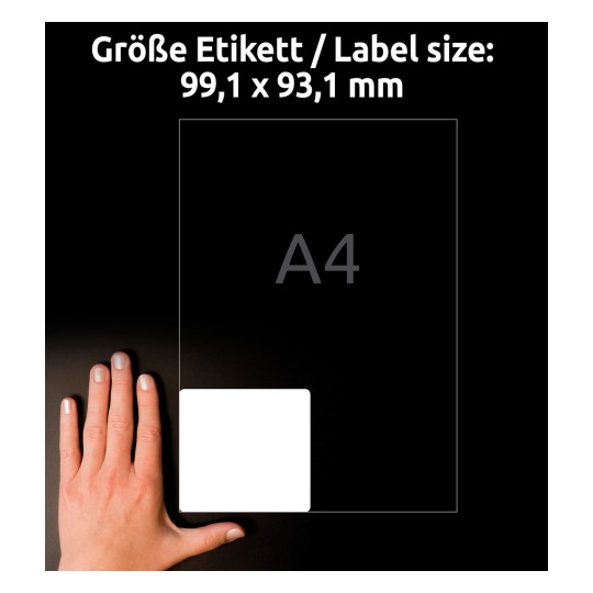 Billedet viser en hånd, der holder en tom etiketstørrelse med dimensioner på 99,1 x 93,1 mm på en mørk baggrund. Teksten angiver etiketstørrelsen, og der er en A4-reference for skala.