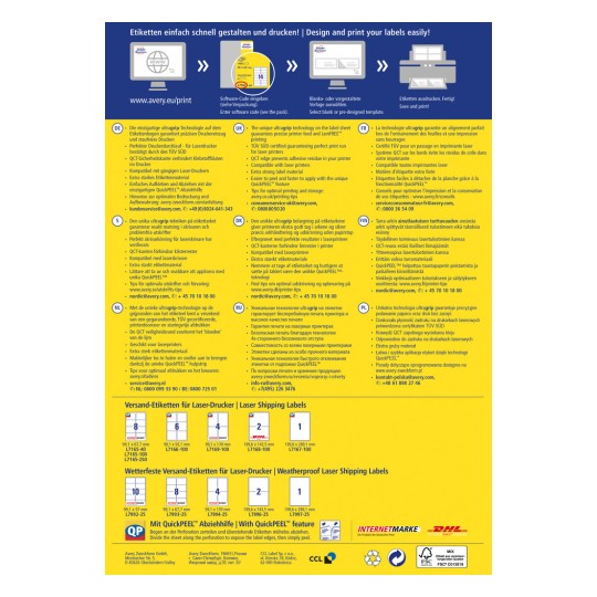 Billedet viser oplysninger om design og print af etiketter, og indeholder detaljer som kompatibilitet med laserprintere, QuickPEEL-funktionen for lettere påføring, samt forskellige etiketstørrelser.