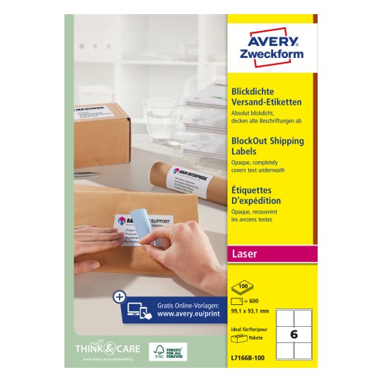 Pakkeillustration: Avery Zweckform Hvide Forsendelsesetiketter, Varenummer: L7166B-100, Format: 99,1 x 93,1 mm, Printkompatibilitet: Laser s/h, Farvelaser, Indhold: 600 etiketter / 100 ark, 6 etiketter/ark
