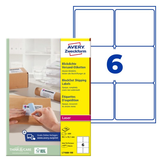 Pakkebillede med etiketark: Avery Zweckform Forsendelsesetiketter, Artikel: L7166B-100, Format: 99,1 x 93,1 mm, Printeregnet til: Laser sort/hvid, Farvelaser, Indhold: 600 etiketter / 100 ark, 6 etiketter/ark.