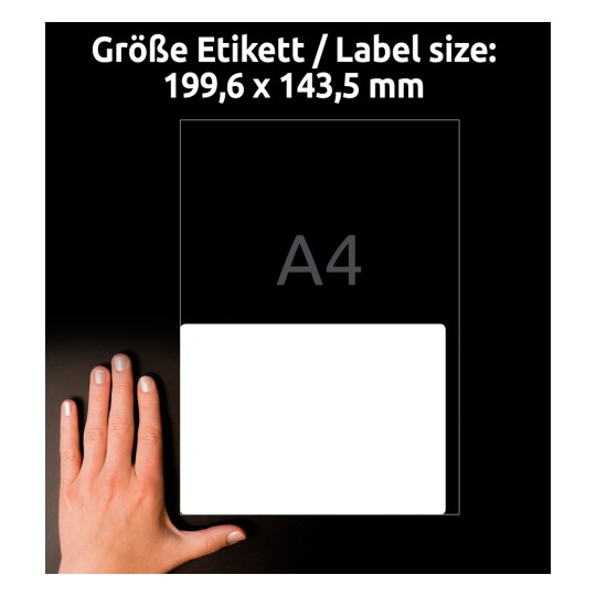 Størrelsessammenligning med hånd, artikel: L7168-100, et ark forsendelsesetiketter, format: 199,6 x 143,5 mm, farve: Hvid?