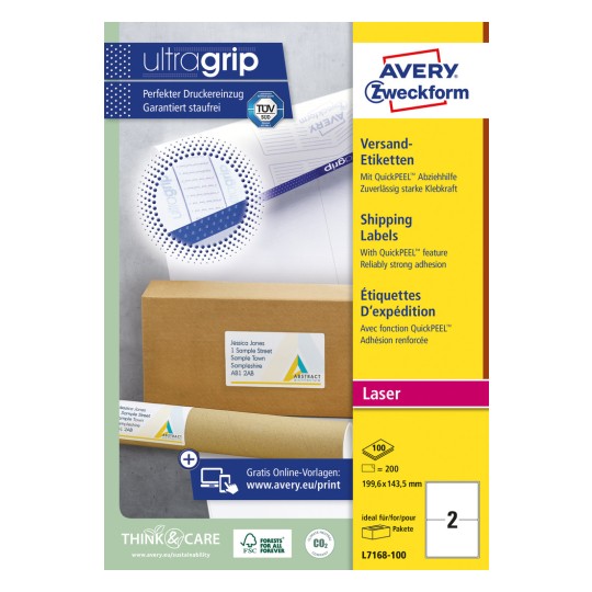 Emballagebillede: Avery Zweckform Hvide Forsendelsesetiketter, Artikel: L7168-100, Format: 199,6 x 143,5 mm, Printbarhed: Sort/hvid laser, Farvelaser, Indhold: 200 etiketter / 100 ark, 2 etiketter/ark.