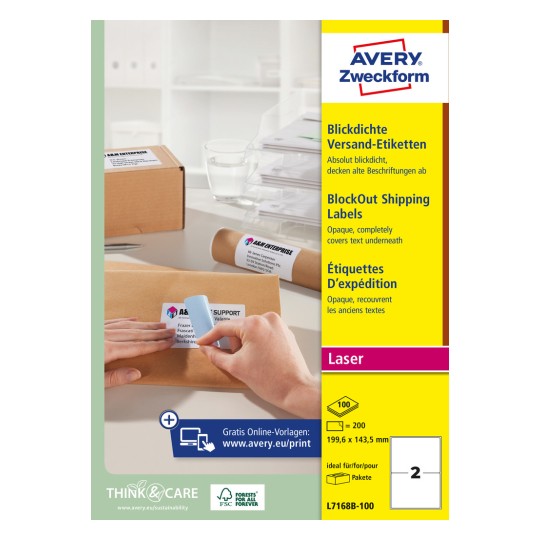 Pakningsbillede: Avery Zweckform Hvide Forsendelsesetiketter, Artikel: L7168B-100, Format: 199,6 x 143,5 mm, Printerkompatibilitet: Laser s/h, Farvelaser, Indhold: 200 etiketter / 100 ark, 2 etiketter/ark.