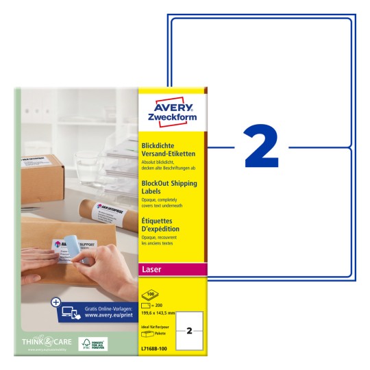 Pakningsbillede med etiketark: Avery Zweckform Forsendelsesetiketter, artikel: L7168B-100, format: 199,6 x 143,5 mm, printeregnet til: Laser s/h, farvelaser, indhold: 200 etiketter / 100 ark, 2 etiketter/ark.