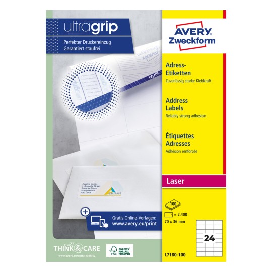 Emballagebillede: Avery Zweckform, Artikel: L7180-100, Format: 70 x 36 mm, Printeregnethed: sort/hvid laser, farvelaser, Indhold: 2.400 etiketter / 100 ark, 24 etiketter/ark.