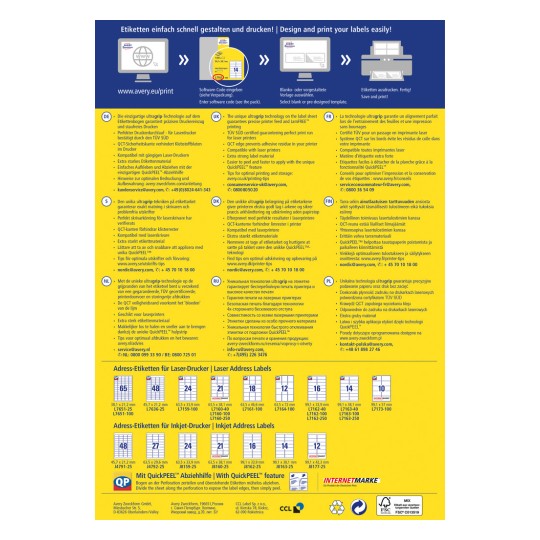 Billedet indeholder information om Averys etiketprintteknologi, herunder en beskrivelse af deres QuickPEEL-funktion, kompatibilitet med forskellige laserprintere og tips til optimal print og opbevaring. Det viser også en tabel med forskellige adressetiketdimensioner.