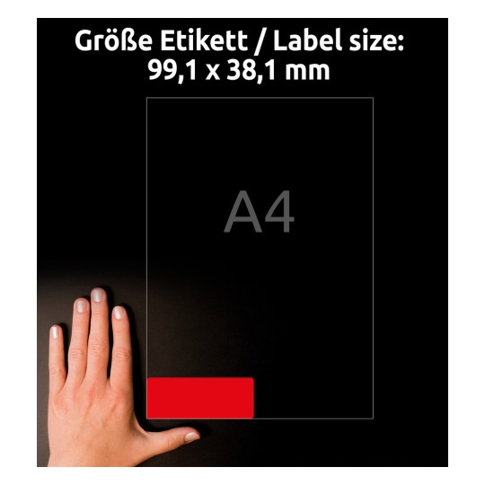 Størrelsessammenligning med hånd, Artikel: L7263R-25, et ark etiketter i specialfarver, Format: 99,1 x 38,1 mm, Farve: neonrød?