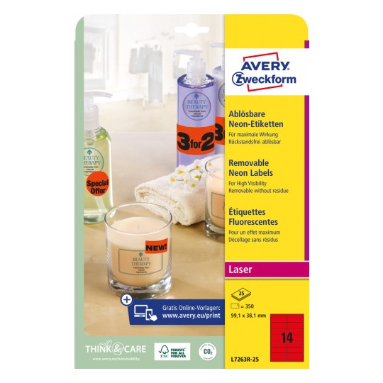 Pakningsbillede: Avery Zweckform Neon-etiketter, Artikel: L7263R-25, Format: 99,1 x 38,1 mm, Udskrivningsegnet: Laser s/h, Farvelaser, Indhold: 350 etiketter / 25 ark, 14 etiketter/ark.
